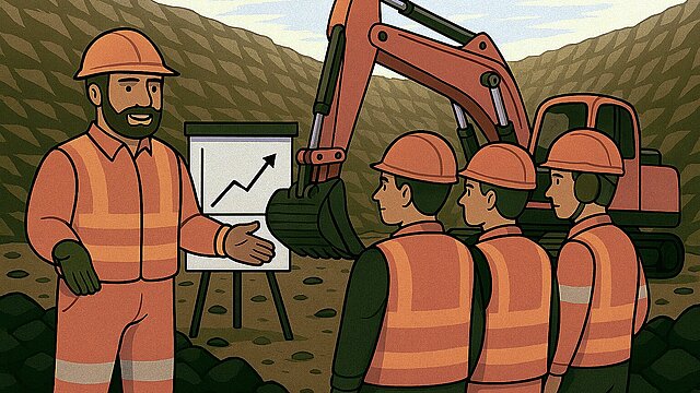 Grafika narracyjna przedstawiająca w stylistyce rysunkowej osobę ubraną w roboczy strój tłumaczącą jakieś zagadnienie grupie osób również ubranych w stoje robocze w kopalni odkrywkowej, nieopodal koparki. Za prowadzącym widoczny flipchart z wykresem.