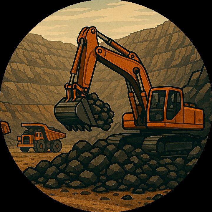 Grafika w stylistyce komiksowej przedstawiająca kamieniołom, dwa samochody technologiczne oraz koparkę