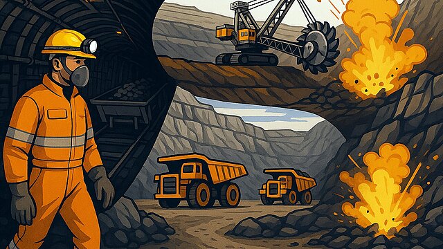 Kolaż komiksowych grafik przedstawiających pracownika ubranego w ubranie robocze i środki ochronne, samochody technologiczne w kopalni odkrywkowej, koparkę wielonaczyniową i roboty strzałowe