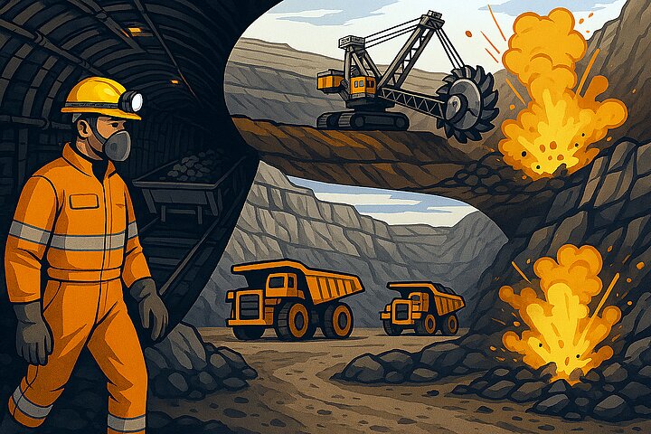 Kolaż komiksowych grafik przedstawiających pracownika ubranego w ubranie robocze i środki ochronne, samochody technologiczne w kopalni odkrywkowej, koparkę wielonaczyniową i roboty strzałowe
