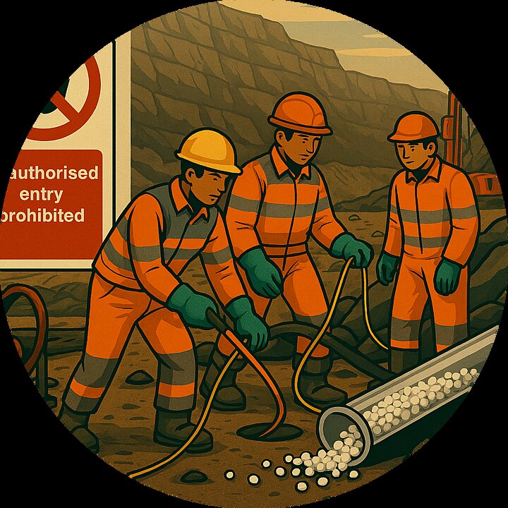 Grafika w stylistyce komiksowej przedstawiająca trzech pracowników ubranych w ubrania robocze, w kaskach, wykonujących prace strzałowe - ładowanie otworów - na kopalni odkrywkowej. w tle widać kamieniołom oraz znak o zakazie wejścia, w dole grafiki widoczna duża probówka z wysypującym się z niej granulatem