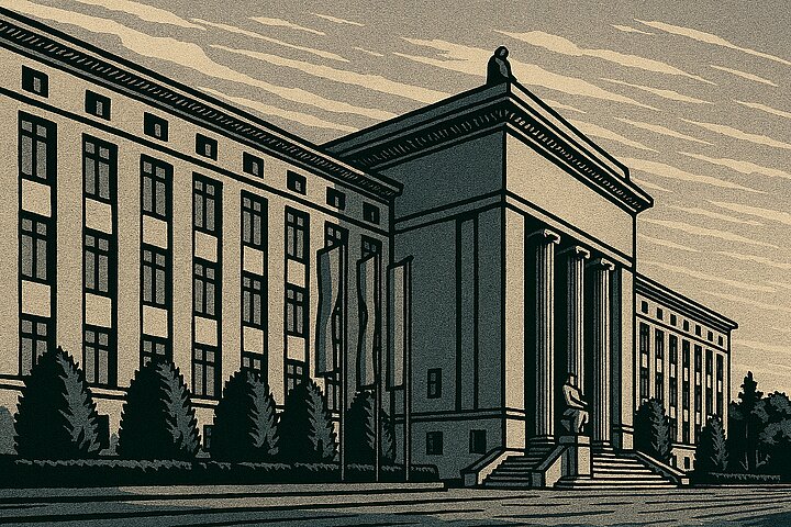 Fasada budynku głównego AGH jako komiksowa grafika