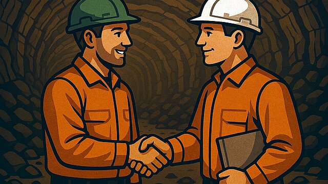 Grafika narracyjna w stylistyce komiksowej przedstawiająca dwie osoby w ubraniach roboczych i w kaskach ściskające sobie dłonie. Jedna z osób na kask koloru zielonego, druga białego - ta osoba pod pachą trzyma plik dokumentów.