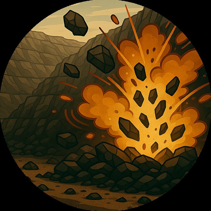 Grafika w stylistyce komiksowej przedstawiająca wybuch w kopalni odkrywkowej i rozkruszenie skały - widoczne wyrzucone fragmenty skały a w tle kamieniołom