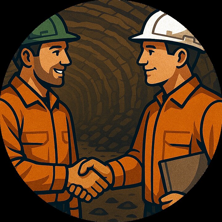 Grafika w stylistyce komiksowej przedstawiająca dwóch pracowników w ubraniach roboczych w kaskach - jeden w białym drugi w zielonym, którzy ściskają sobie dłonie. Człowiek z prawej strony w białym kasku ma pod pachą dokumenty.
